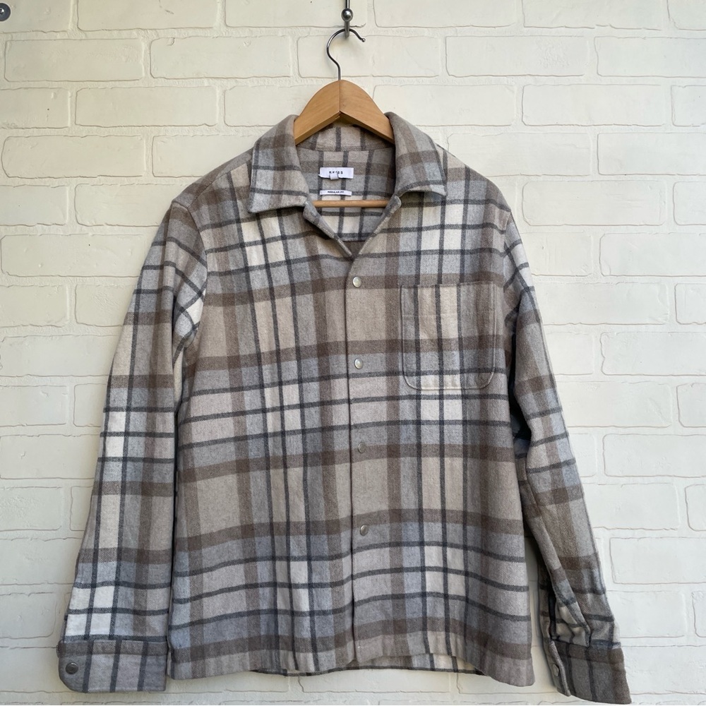 Reiss Men’s Plaid Snap Up Thick blend Shirt Tan
